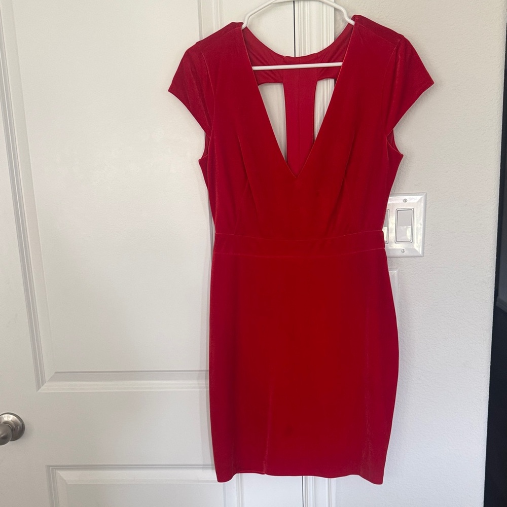 Red V-Neck Cap Sleeve Dress